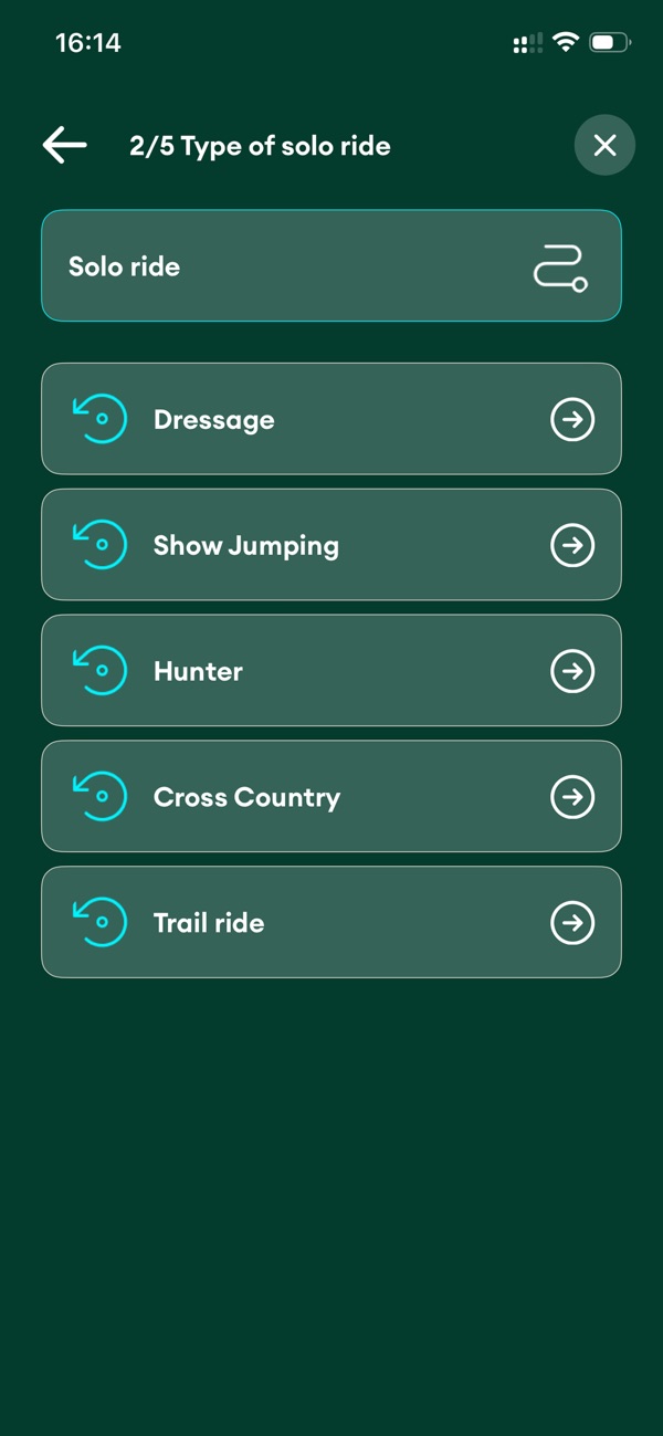 Solo ride setup with dressage, show jumping, hunter, cross country, and trail ride options.